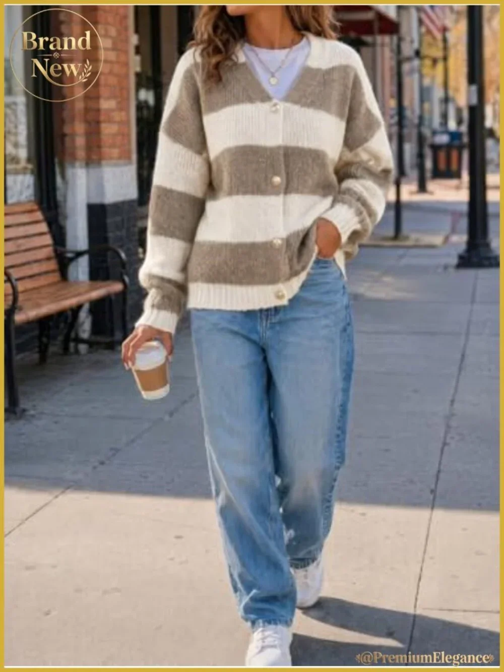 Striped Open Front Cardigan Sweater V Neck Batwing Sleeve Knit